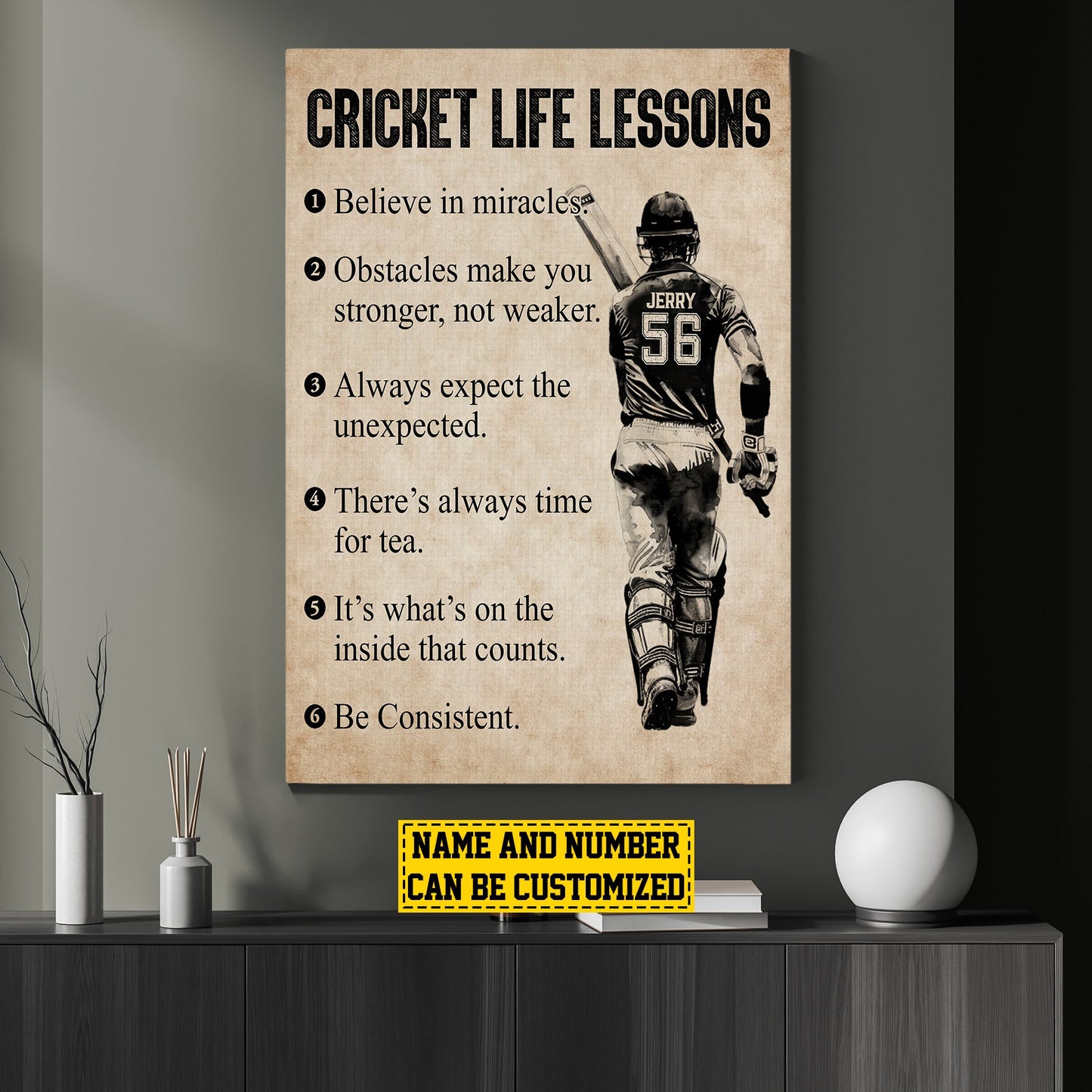 Cricket Life Lessons, Personalized Motivational Cricket Boy Canvas Painting, Inspirational Quotes Wall Art Decor, Poster Gift For Cricket Lovers