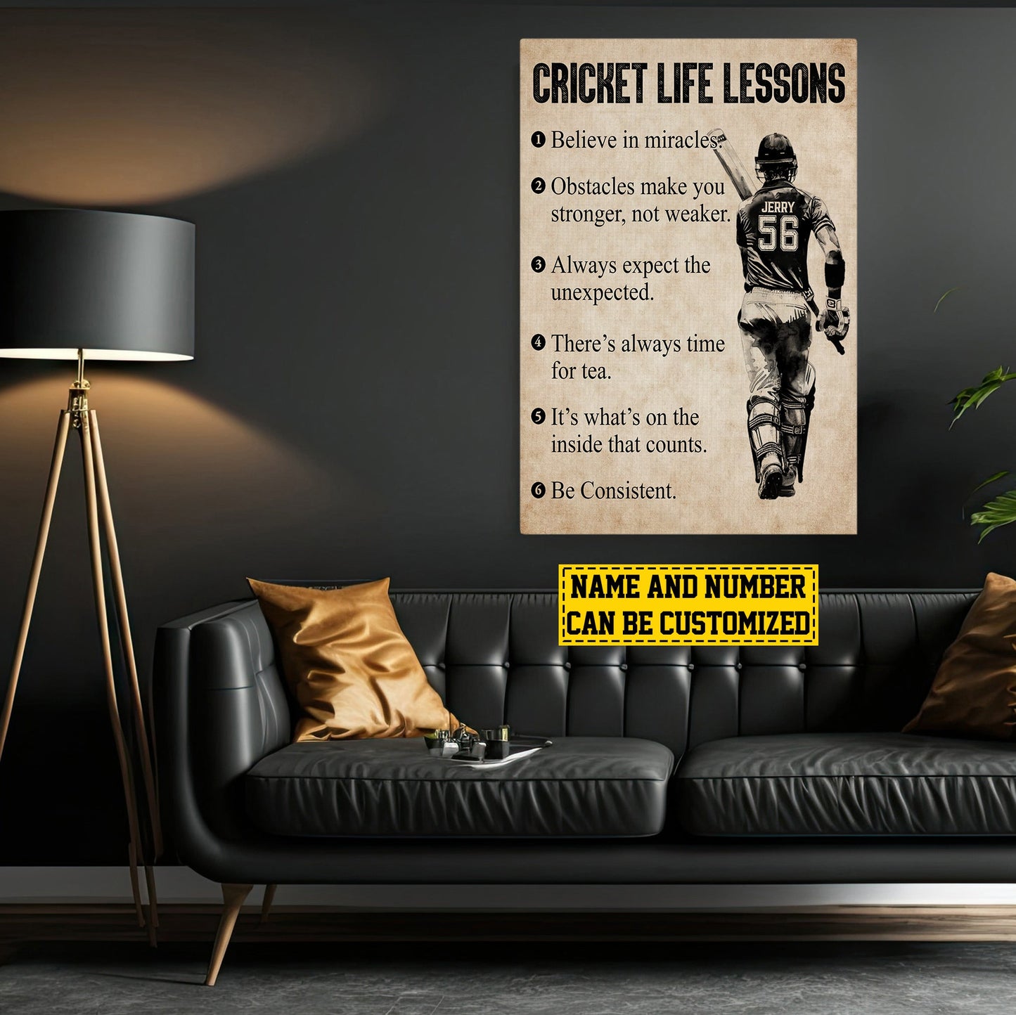 Cricket Life Lessons, Personalized Motivational Cricket Boy Canvas Painting, Inspirational Quotes Wall Art Decor, Poster Gift For Cricket Lovers