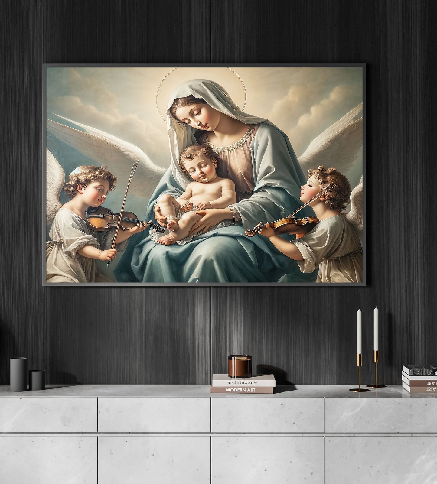 Virgin Mary With Kids, Religious Canvas Painting, Wall Art Decor, Angel Poster Gift