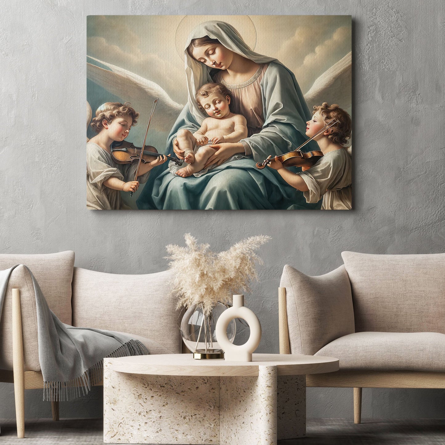 Virgin Mary With Kids, Religious Canvas Painting, Wall Art Decor, Angel Poster Gift