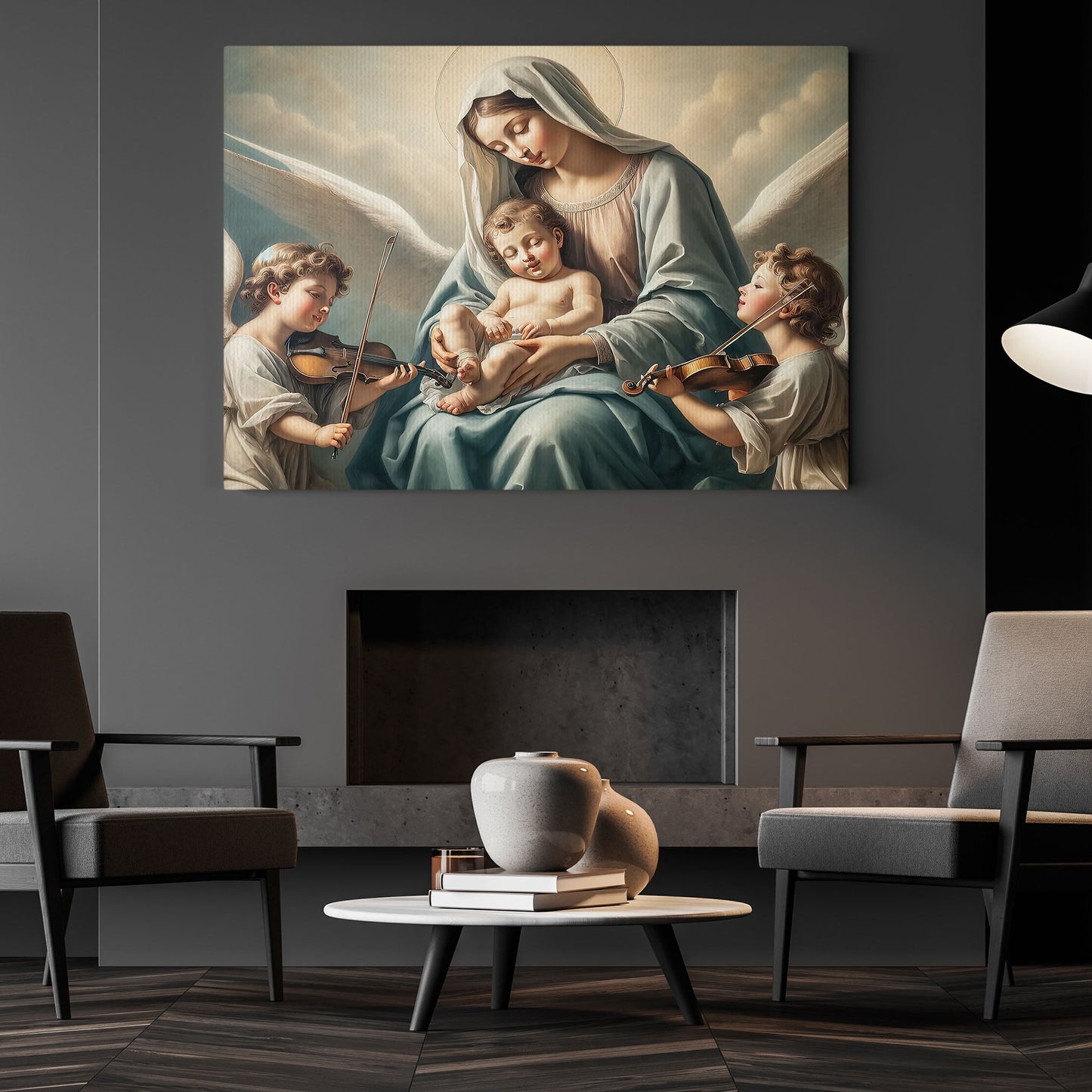 Virgin Mary With Kids, Religious Canvas Painting, Wall Art Decor, Angel Poster Gift