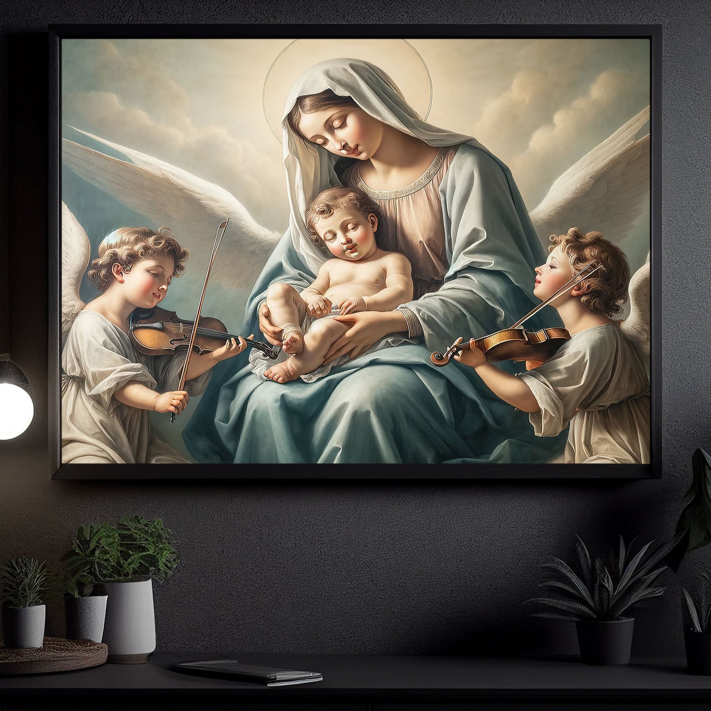 Virgin Mary With Kids, Religious Canvas Painting, Wall Art Decor, Angel Poster Gift