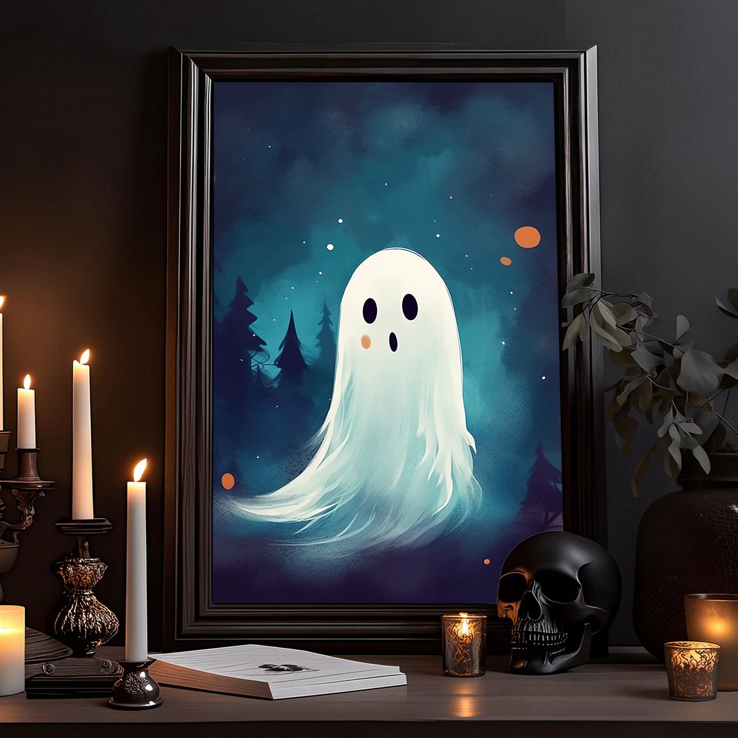 Cute Ghost Moonlight Halloween Canvas Painting, Wall Art Decor - Dark Ghost Halloween Poster Gift