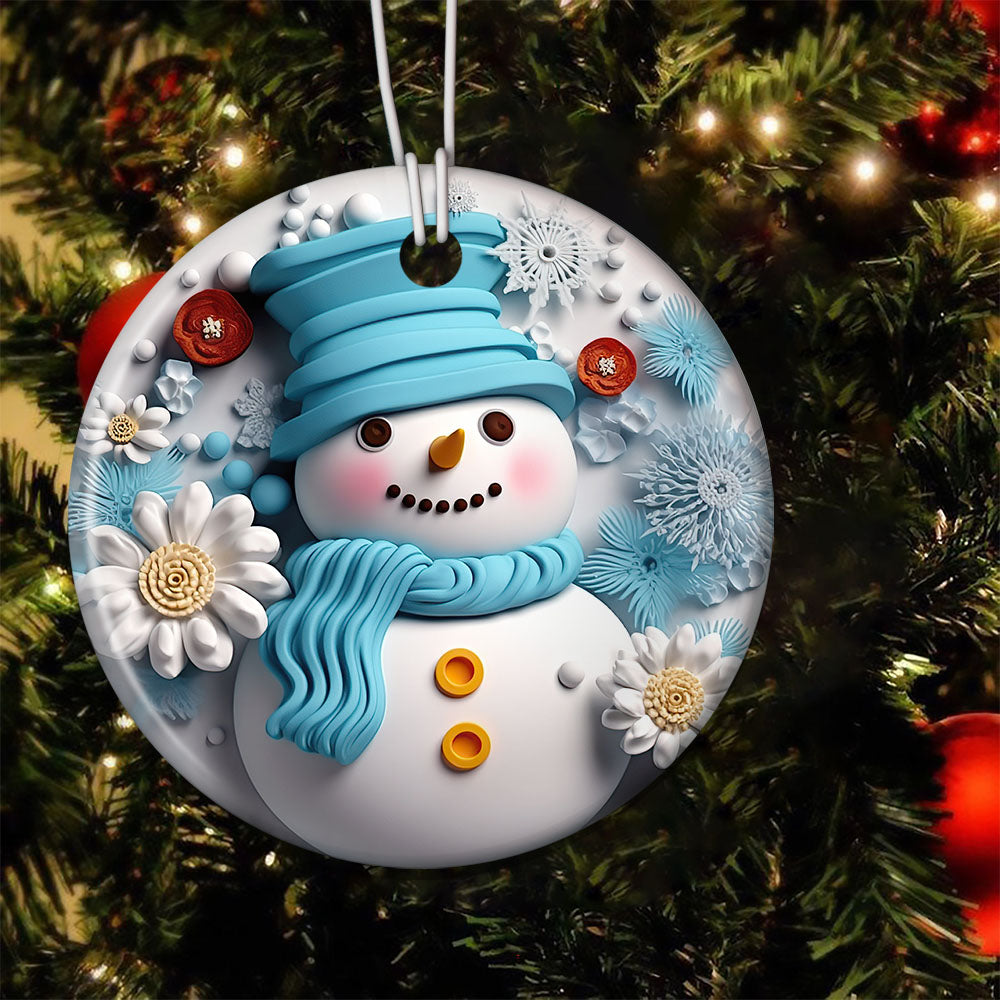 Snowman's Winter Elegance, Snowman Circle Ceramic Ornament Christmas Gift For Flower Lovers