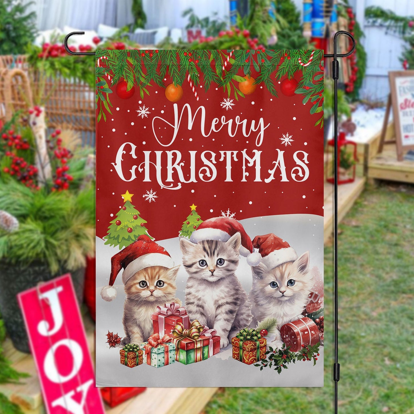 Three Baby Cats Wearing Hat, Cat Xmas Garden Flag & House Flag, Christmas Flag Gift For Cat Lovers