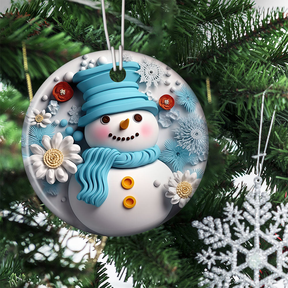 Snowman's Winter Elegance, Snowman Circle Ceramic Ornament Christmas Gift For Flower Lovers