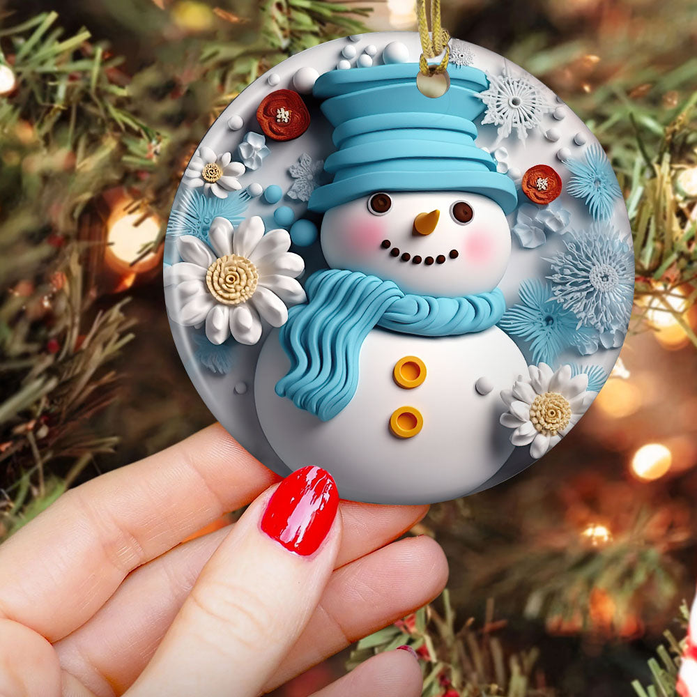 Snowman's Winter Elegance, Snowman Circle Ceramic Ornament Christmas Gift For Flower Lovers