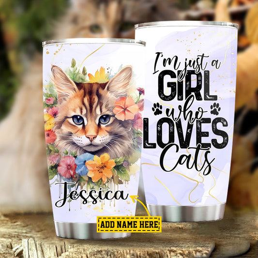 Personalized Cute Cat Tumbler, I'm Just A Girl Who Loves Cats Catshoes And Flower Stainless Steel Tumbler, Gift For Cat Lovers, Cat Owners