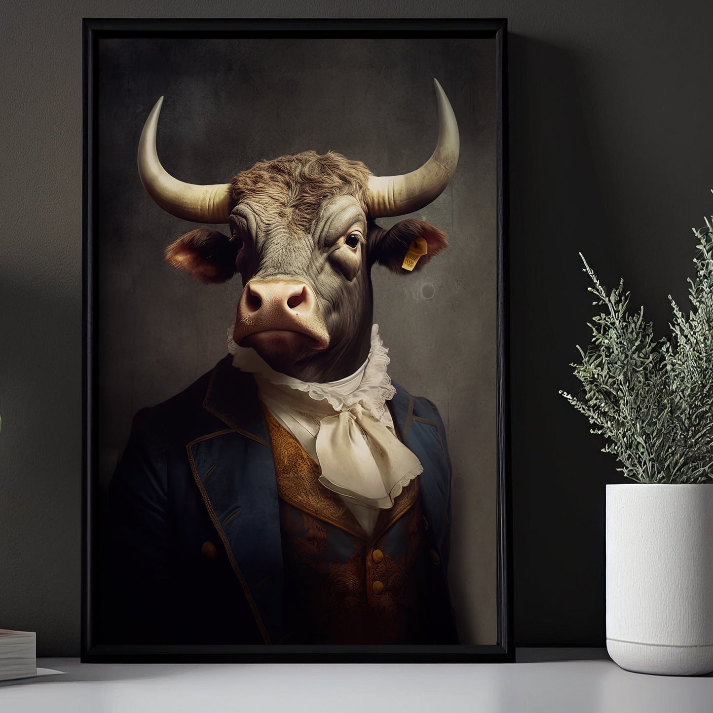 Cool Cow Potrait Vintage Canvas Art Print - Renaissance Farmer Poster