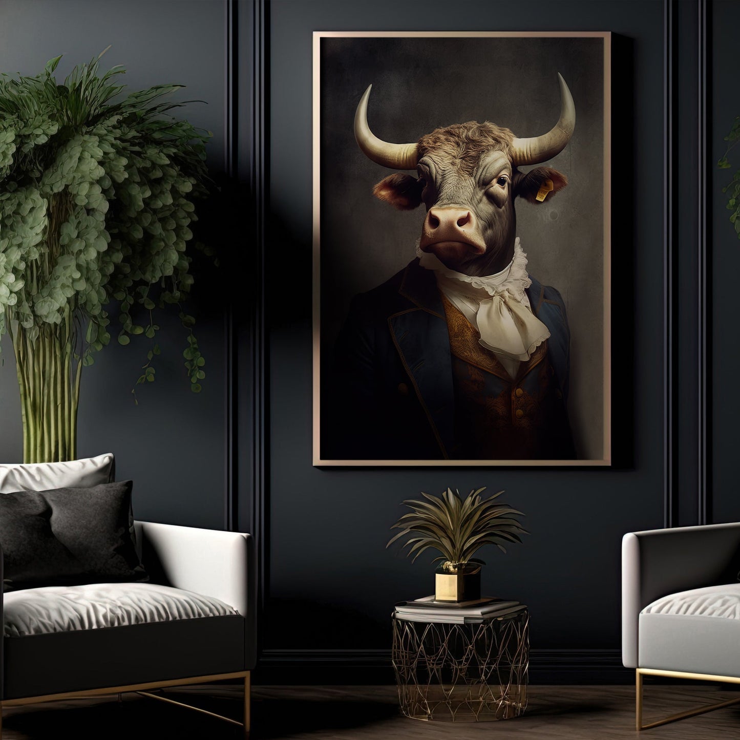 Cool Cow Potrait Vintage Canvas Art Print - Renaissance Farmer Poster