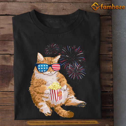 July 4th Cool Cat T-shirt, Cat Eat Popcorn, Independence Day Gift For Cat Lovers, Cat Owners, Cat Tees