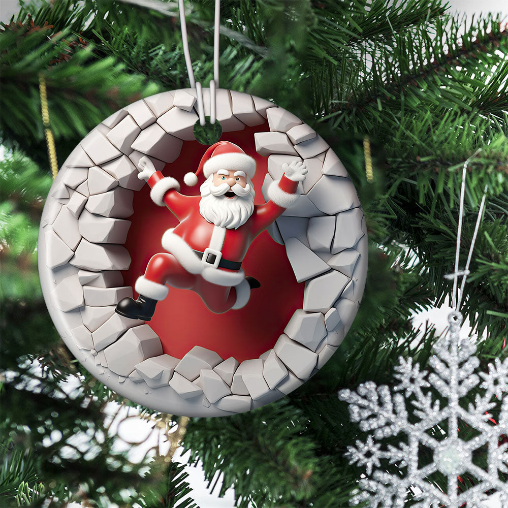 Santa's Dynamic Entrance, Funny Santa Claus Circle Ceramic Ornament Christmas Gift