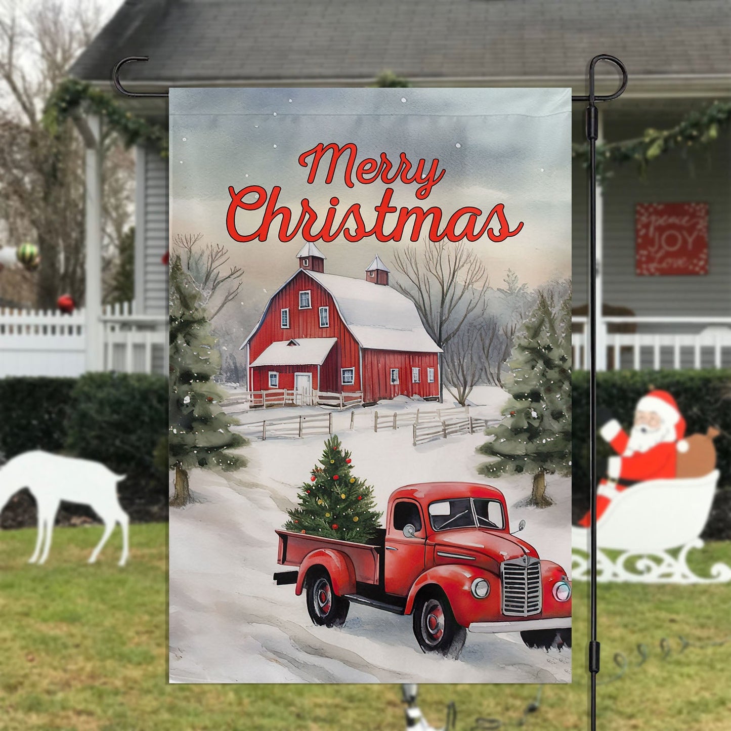 Merry Christmas On The Farm, Farm Xmas Garden Flag & House Flag, Christmas Flag Gift For Farmers, Tractor Lovers Flag