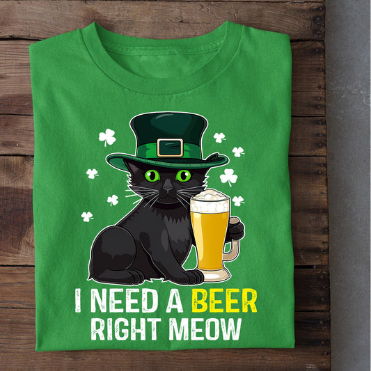 Funny St Patrick's Day Cat T-shirt, I Need A Beer Right Meow, Patricks Day Gift For Cat Lovers Cat Owners, Cat Tees
