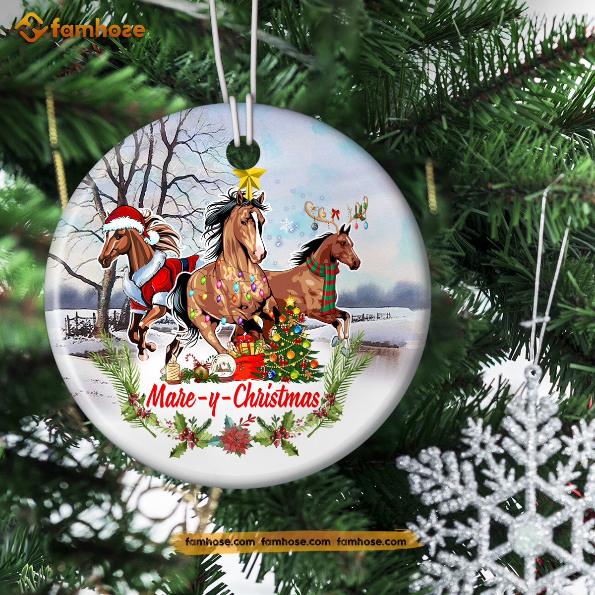 Christmas Horse Ornament, Marey Christmas Santa Hat Reindeer Star Gift For Horse Lovers, Custom Circle Ceramic Ornament