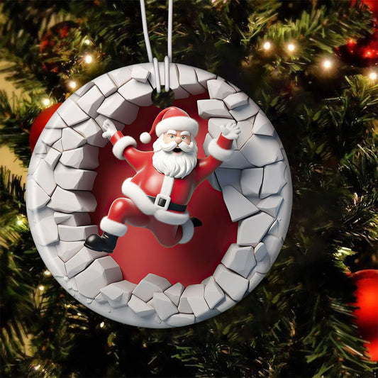 Santa's Dynamic Entrance, Funny Santa Claus Circle Ceramic Ornament Christmas Gift