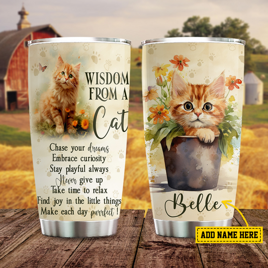 Personalized Cat Tumbler, Wisdom From A Cat, Stainless Steel Tumbler, Gift For Cat Lovers, Cat Owners