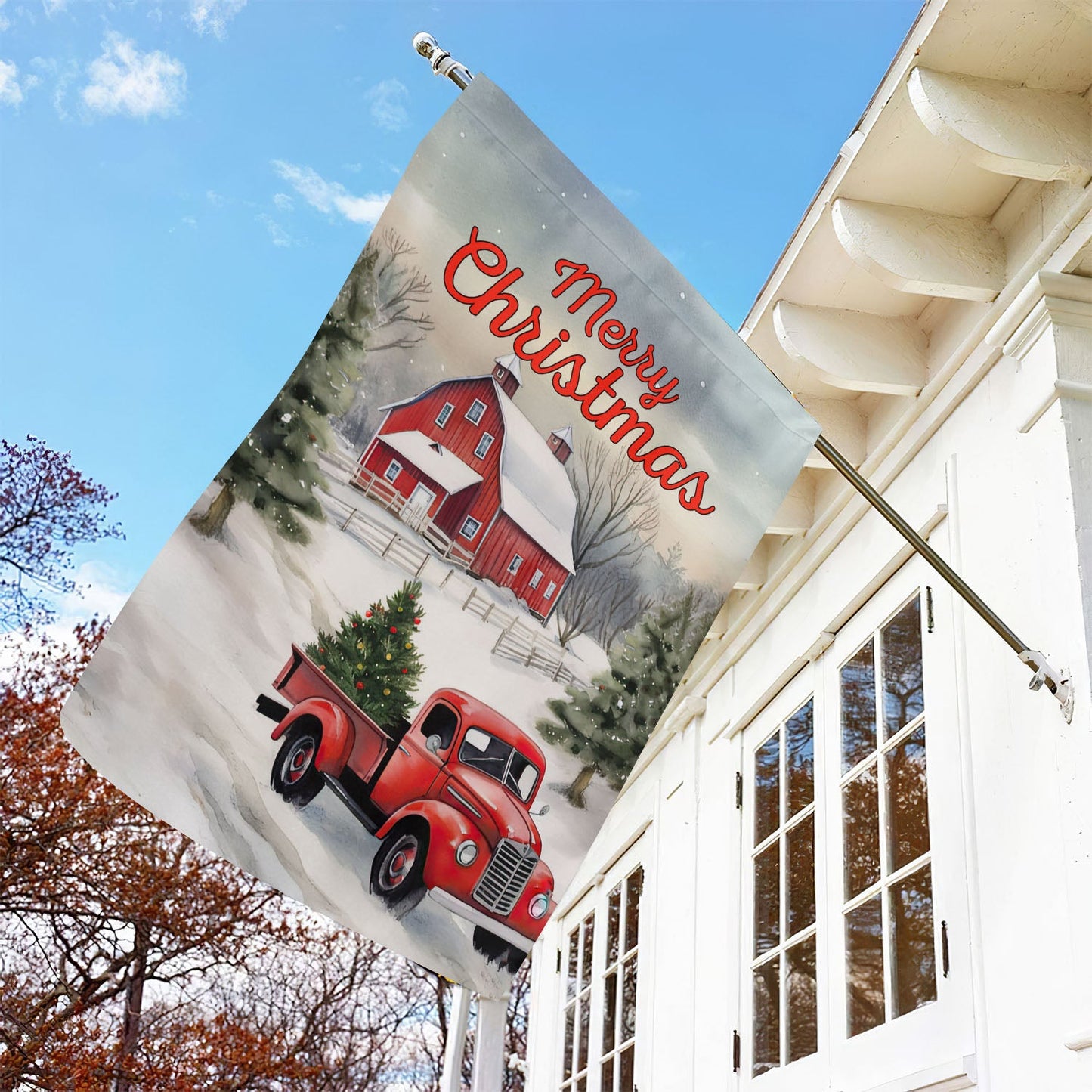 Merry Christmas On The Farm, Farm Xmas Garden Flag & House Flag, Christmas Flag Gift For Farmers, Tractor Lovers Flag