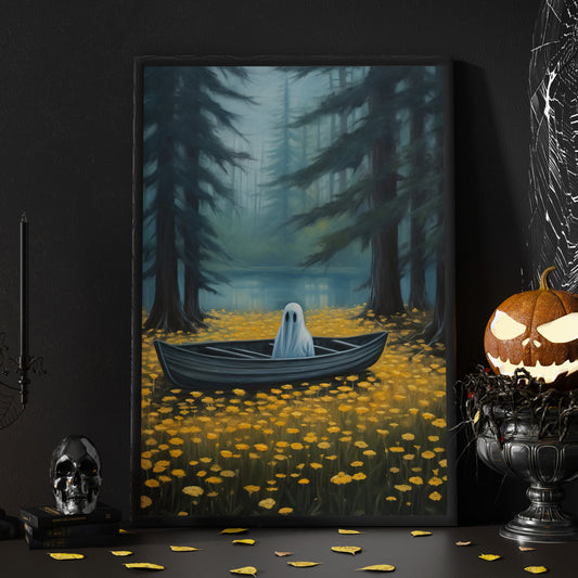 The Sad Ghost On Boat Vintage Halloween Canvas Painting, Wall Art Decor - Dark Gothic Ghost Halloween Poster Gift