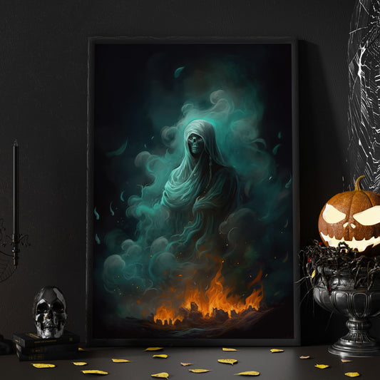 Ghost In The Flaming Fog Halloween Canvas Painting, Wall Art Decor - Dark Gothic Ghost Halloween Poster Gift