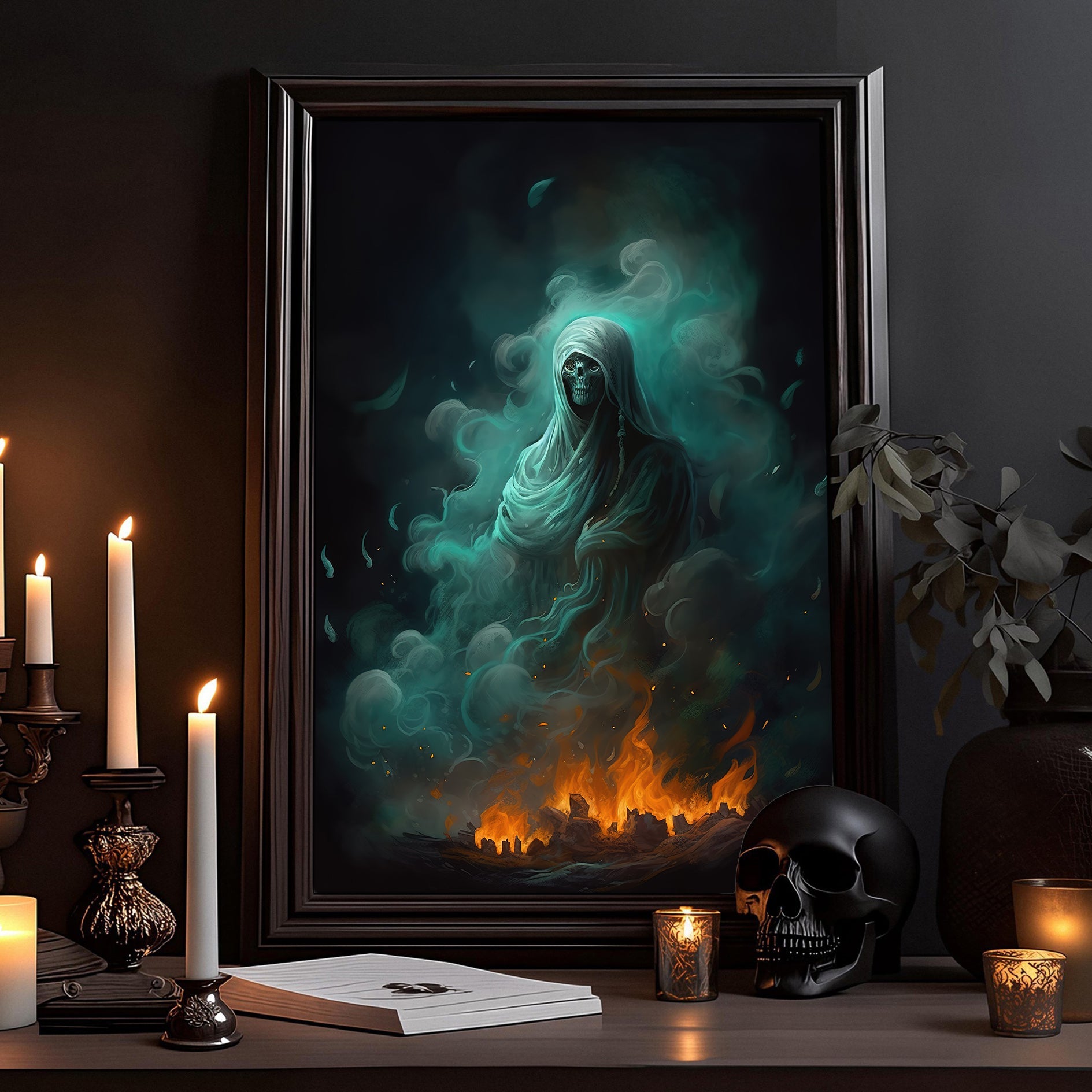 額装品/Ghost of/メリケ・エストナ/アート/ポスター/インテリア Ghost In The Flaming Fog Halloween Canvas Painting, Wall Art Decor