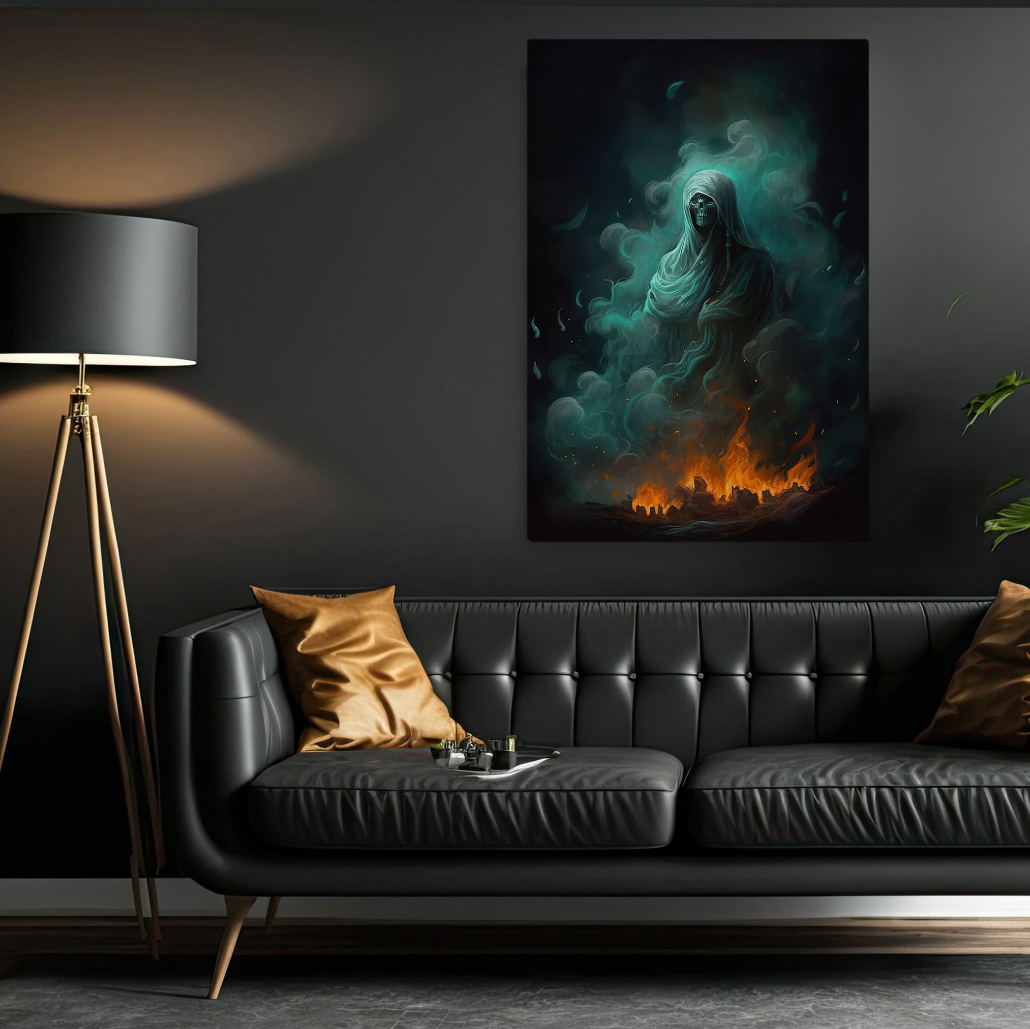 Ghost In The Flaming Fog Halloween Canvas Painting, Wall Art Decor