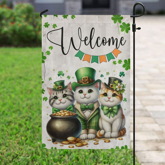 St Patrick's Day Cat Flag, Welcome Cat Clovers, St Patrick's Day Cat Garden Flag & House Flag Gift, St Patricks Day Irish Outdoor Decoration Gift For Cat Lovers