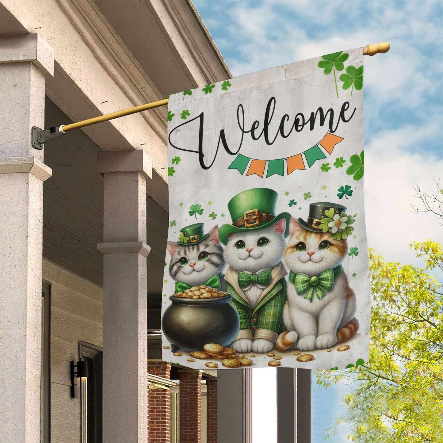 St Patrick's Day Cat Flag, Welcome Cat Clovers, St Patrick's Day Cat Garden Flag & House Flag Gift, St Patricks Day Irish Outdoor Decoration Gift For Cat Lovers