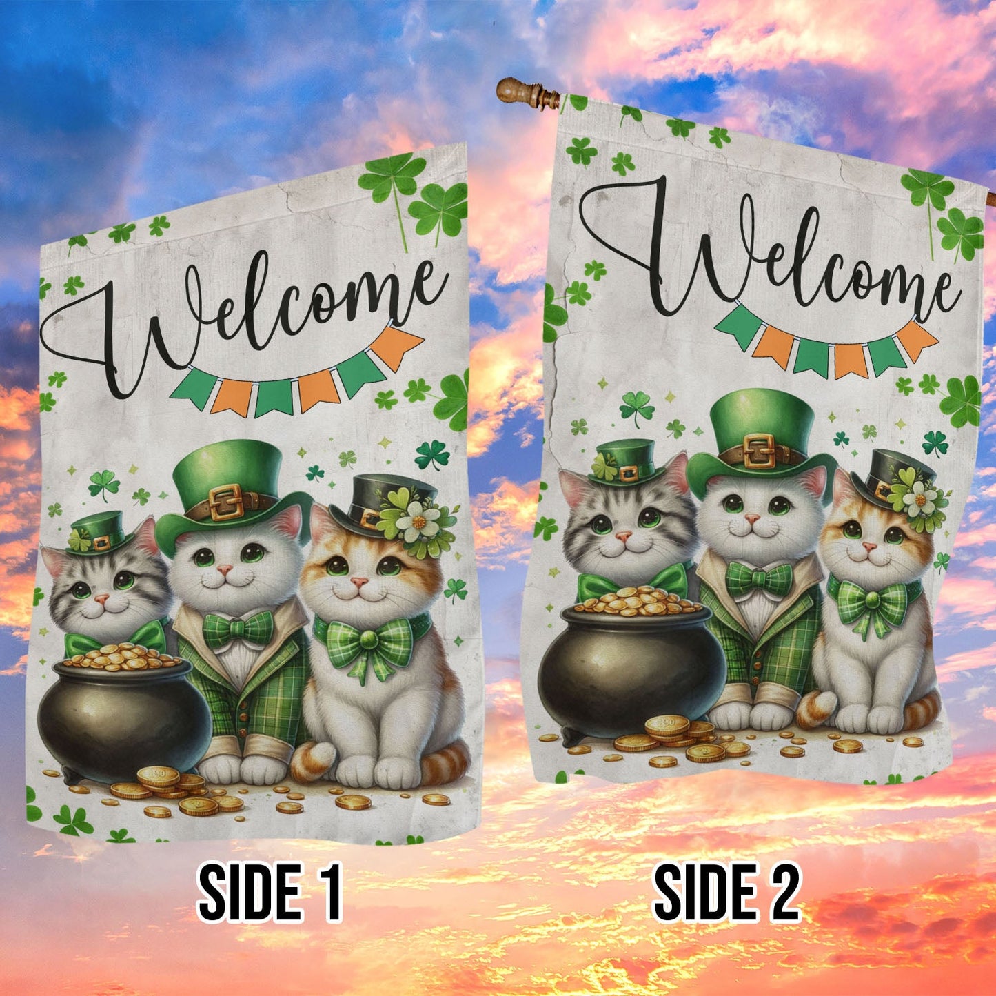 St Patrick's Day Cat Flag, Welcome Cat Clovers, St Patrick's Day Cat Garden Flag & House Flag Gift, St Patricks Day Irish Outdoor Decoration Gift For Cat Lovers