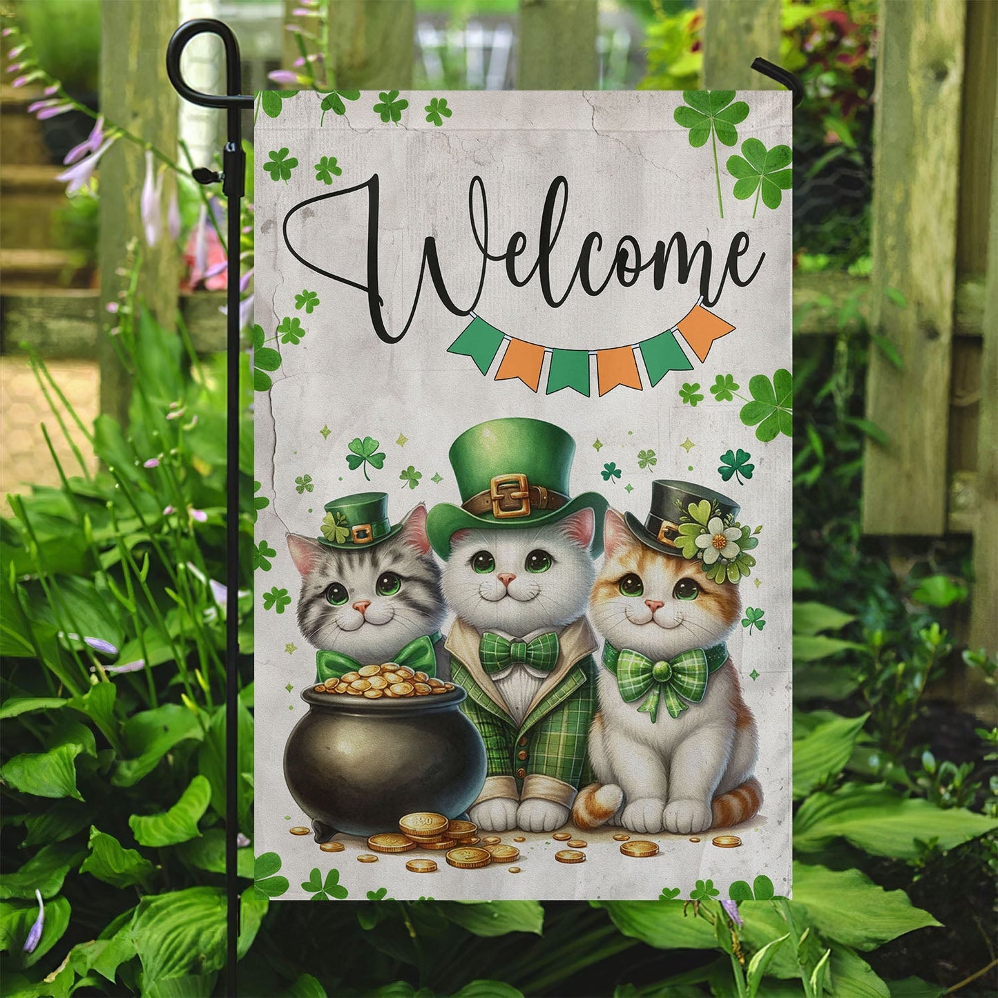 St Patrick's Day Cat Flag, Welcome Cat Clovers, St Patrick's Day Cat Garden Flag & House Flag Gift, St Patricks Day Irish Outdoor Decoration Gift For Cat Lovers