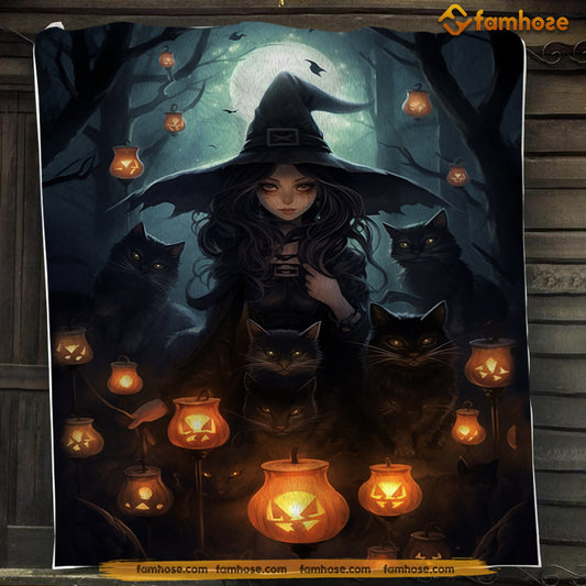 Witch Blanket, Little Witch Next To Black Cats In The Dark Forest Fleece Blanket - Sherpa Blanket Gift For Halloween