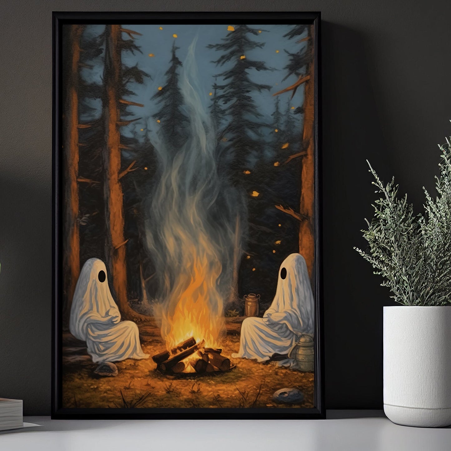 The Two Ghosts On Campsite Halloween Canvas Painting, Wall Art Decor - Dark Vintage Ghost Halloween Poster Gift