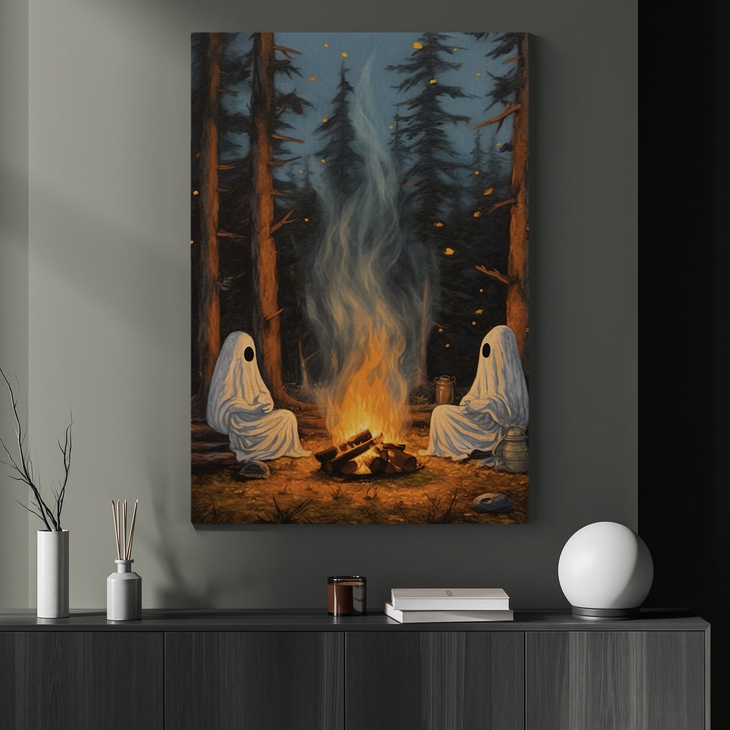 The Two Ghosts On Campsite Halloween Canvas Painting, Wall Art Decor - Dark Vintage Ghost Halloween Poster Gift