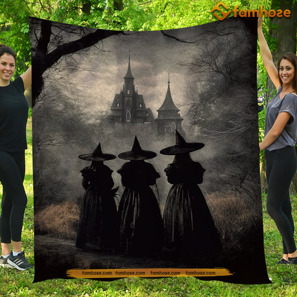 Witch Blanket, Three Witches Convene By The Haunted Castle Vintage Gothic Fleece Blanket - Sherpa Blanket Gift For Halloween