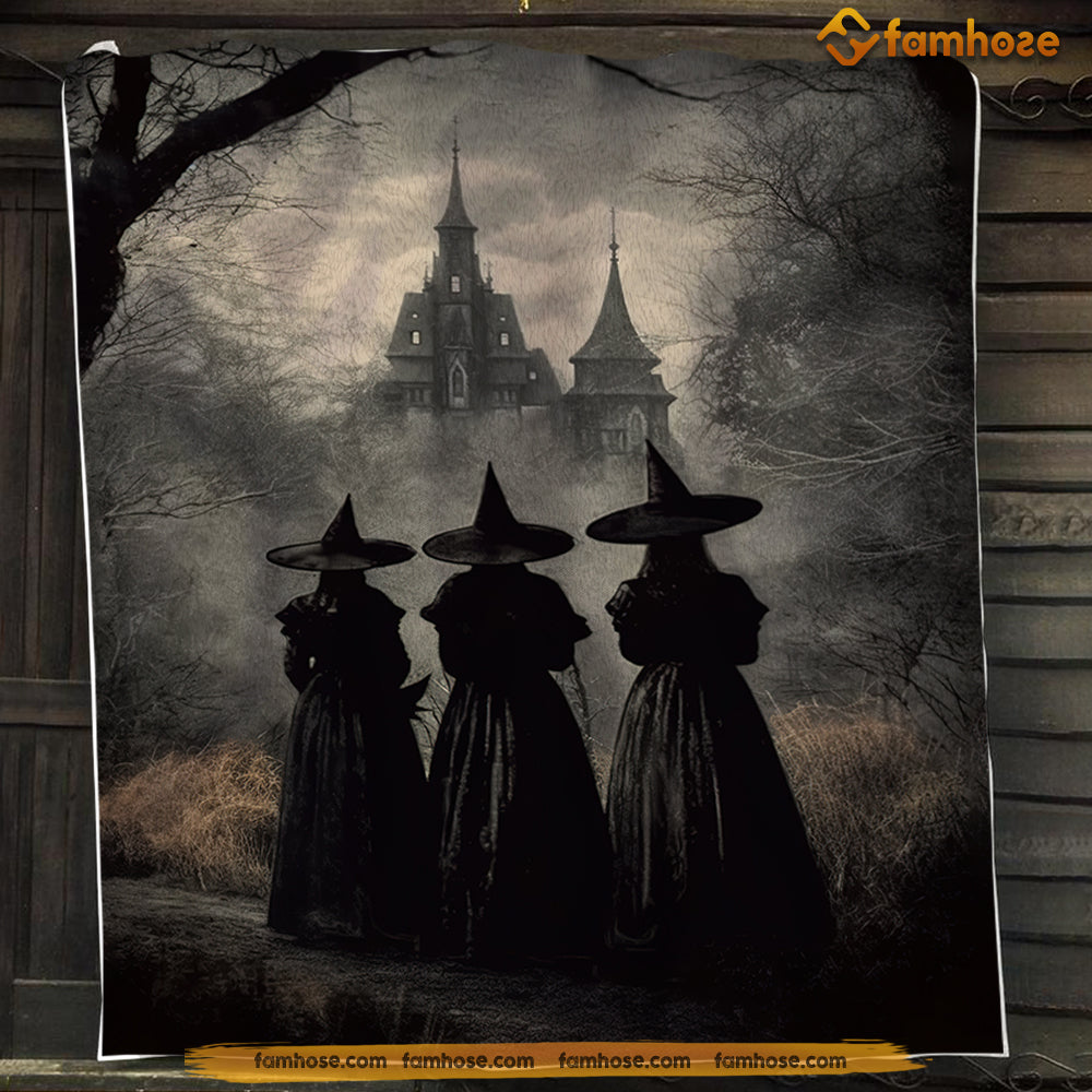 Witch Blanket, Three Witches Convene By The Haunted Castle Vintage Gothic Fleece Blanket - Sherpa Blanket Gift For Halloween