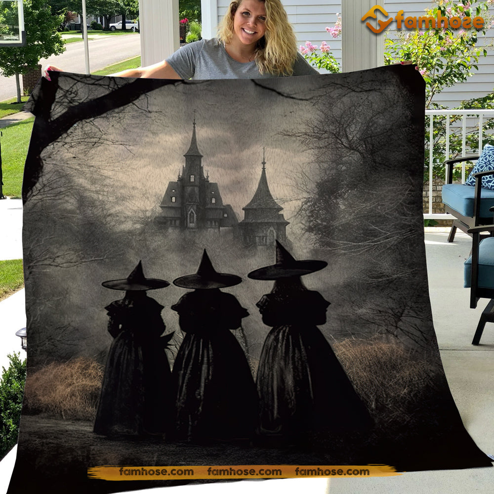 Witch Blanket, Three Witches Convene By The Haunted Castle Vintage Gothic Fleece Blanket - Sherpa Blanket Gift For Halloween