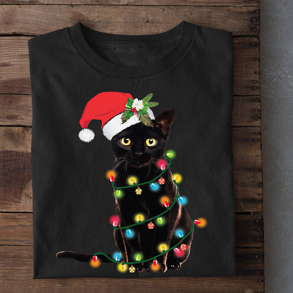 Black Cat Christmas T-shirt, Black Cat Wearing Noel Hat, Gift For Cat Lovers, Cat Tees, Cat Owners