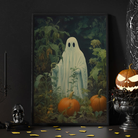 The Ghost In Pumpkin Garden Vintage Halloween Canvas Painting, Wall Art Decor - Dark Gothic Ghost Halloween Poster Gift