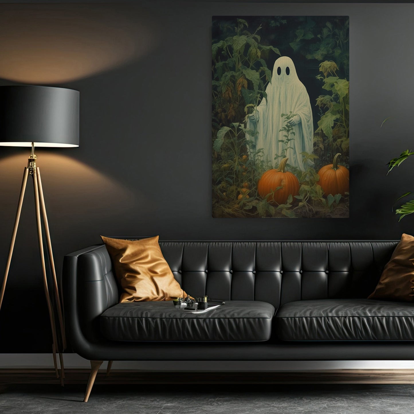 The Ghost In Pumpkin Garden Vintage Halloween Canvas Painting, Wall Art Decor - Dark Gothic Ghost Halloween Poster Gift