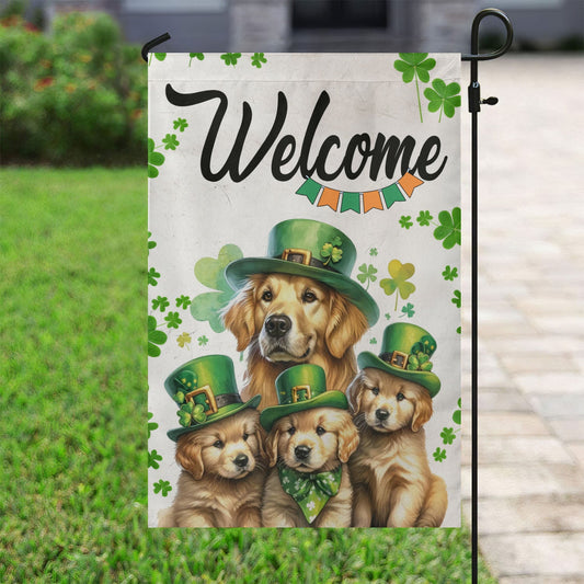 St Patrick's Day Golden Retriever Flag, Welcome, St Patrick's Day Dog Garden Flag & House Flag Gift, St Patricks Day Irish Outdoor Decoration Gift For Dog Lovers