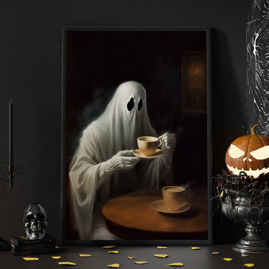 The Ghost In Tea Party Spooky Halloween Canvas Painting, Wall Art Decor Print - Dark Vintage Ghost Halloween Poster Gift