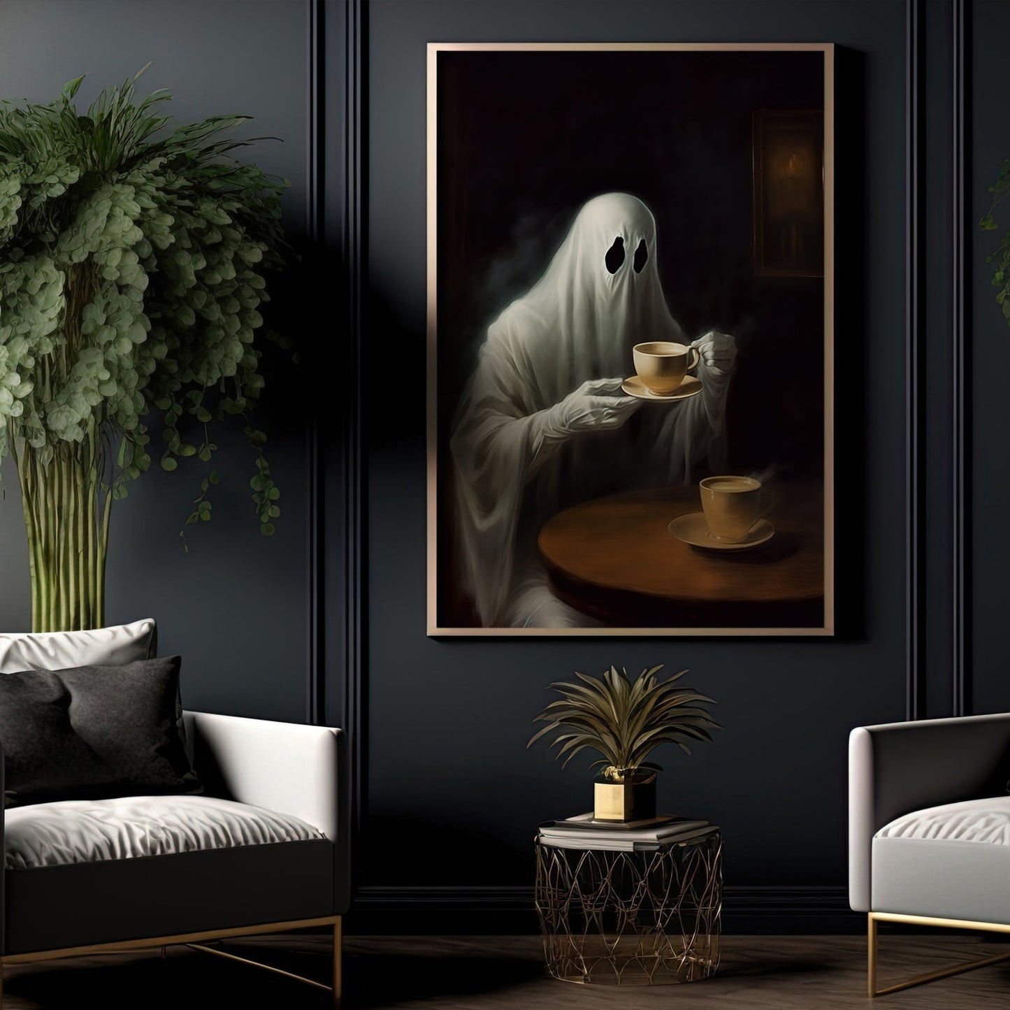 The Ghost In Tea Party Spooky Halloween Canvas Painting, Wall Art Decor Print - Dark Vintage Ghost Halloween Poster Gift