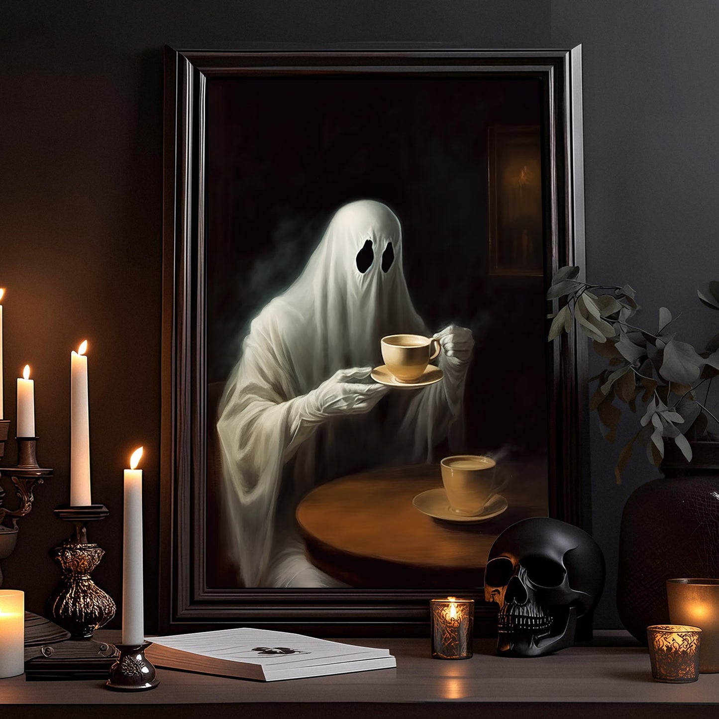 The Ghost In Tea Party Spooky Halloween Canvas Painting, Wall Art Decor Print - Dark Vintage Ghost Halloween Poster Gift