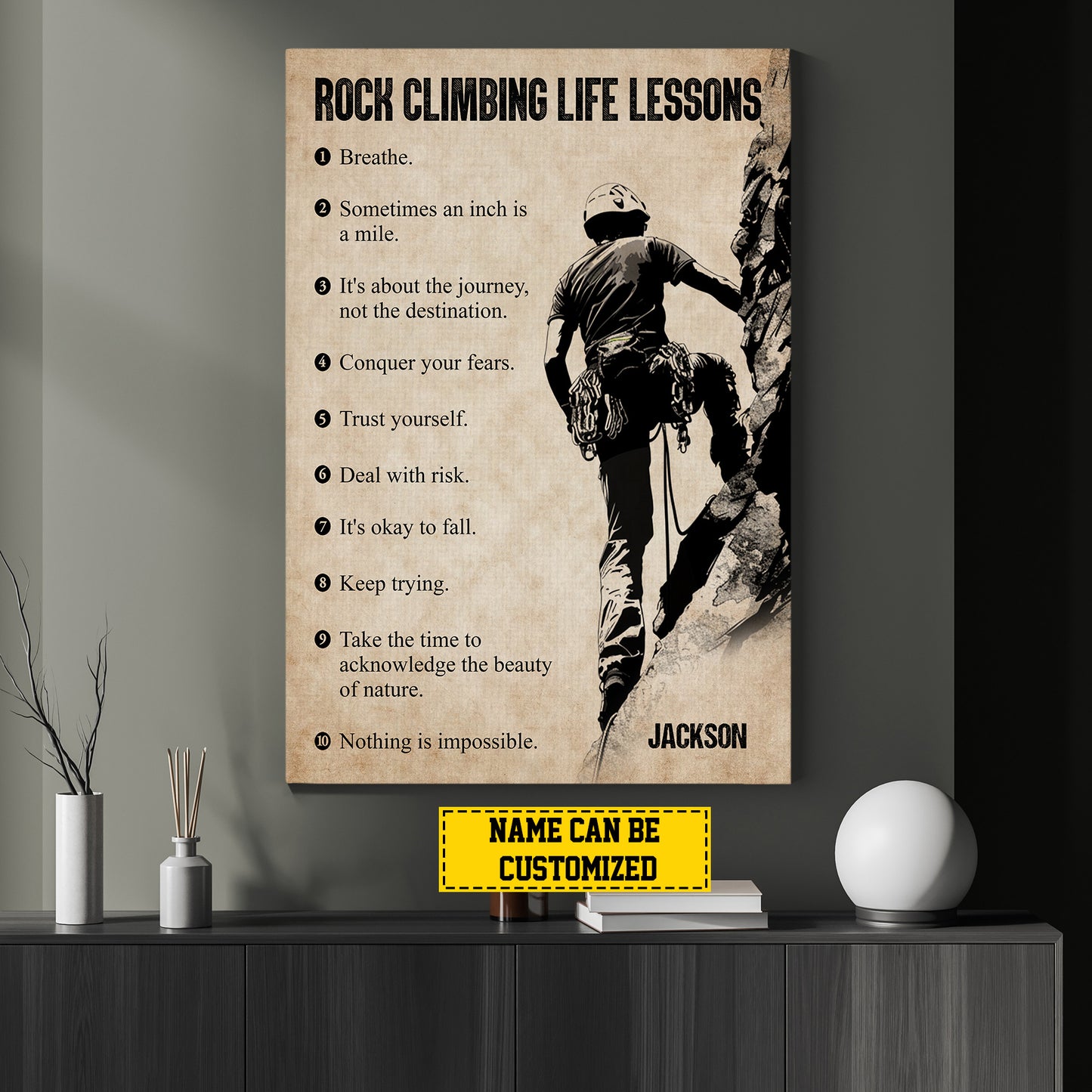 Personalized Rock Climbing Boy Canvas Painting, Rock Climbing Life Lessons, Inspirational Quotes Wall Art Decor, Poster Gift For Rock Climbing Boy Lovers