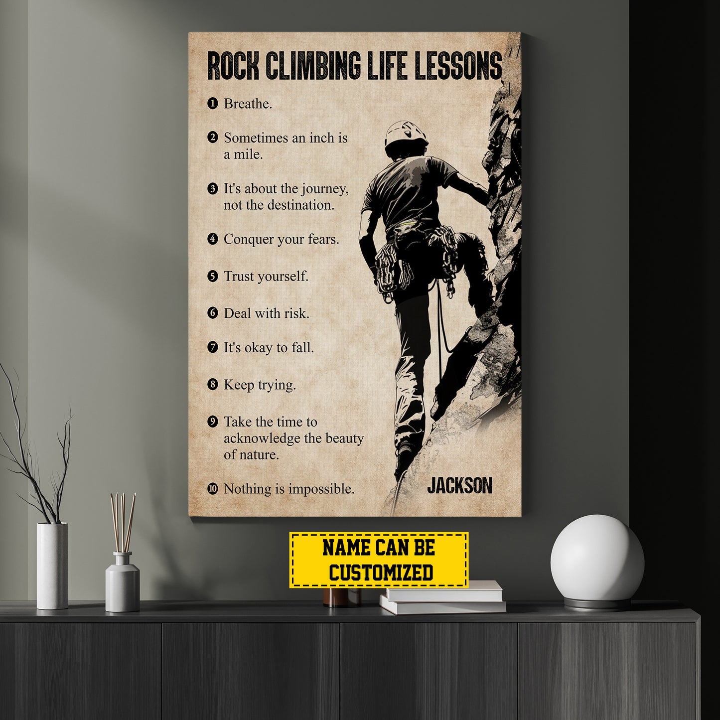 Personalized Motivational Rock Climbing Boy Canvas Painting, Rock Climbing Life Lessons, Sports Quotes Wall Art Decor, Poster Gift For Rock Climbing Lovers