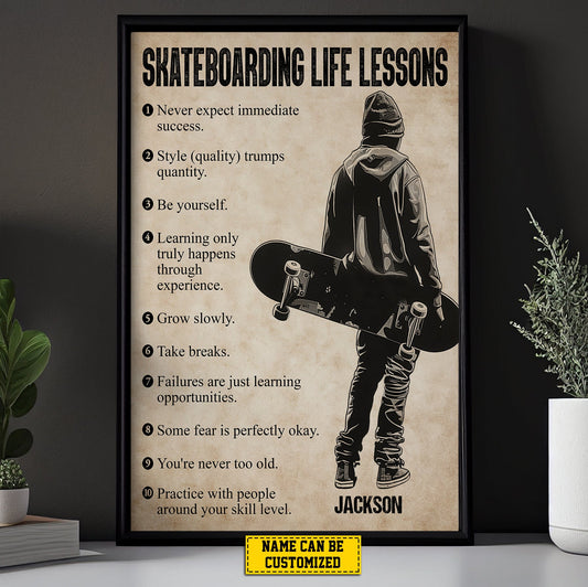 Personalized Motivational Skateboarding Boy Canvas Painting, Skateboarding Life Lessons, Inspirational Quotes Wall Art Decor, Poster Gift For Skateboarding Man Lovers