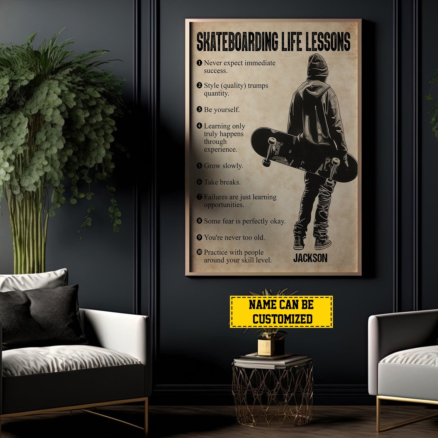 Personalized Motivational Skateboarding Boy Canvas Painting, Skateboarding Life Lessons, Inspirational Quotes Wall Art Decor, Poster Gift For Skateboarding Man Lovers