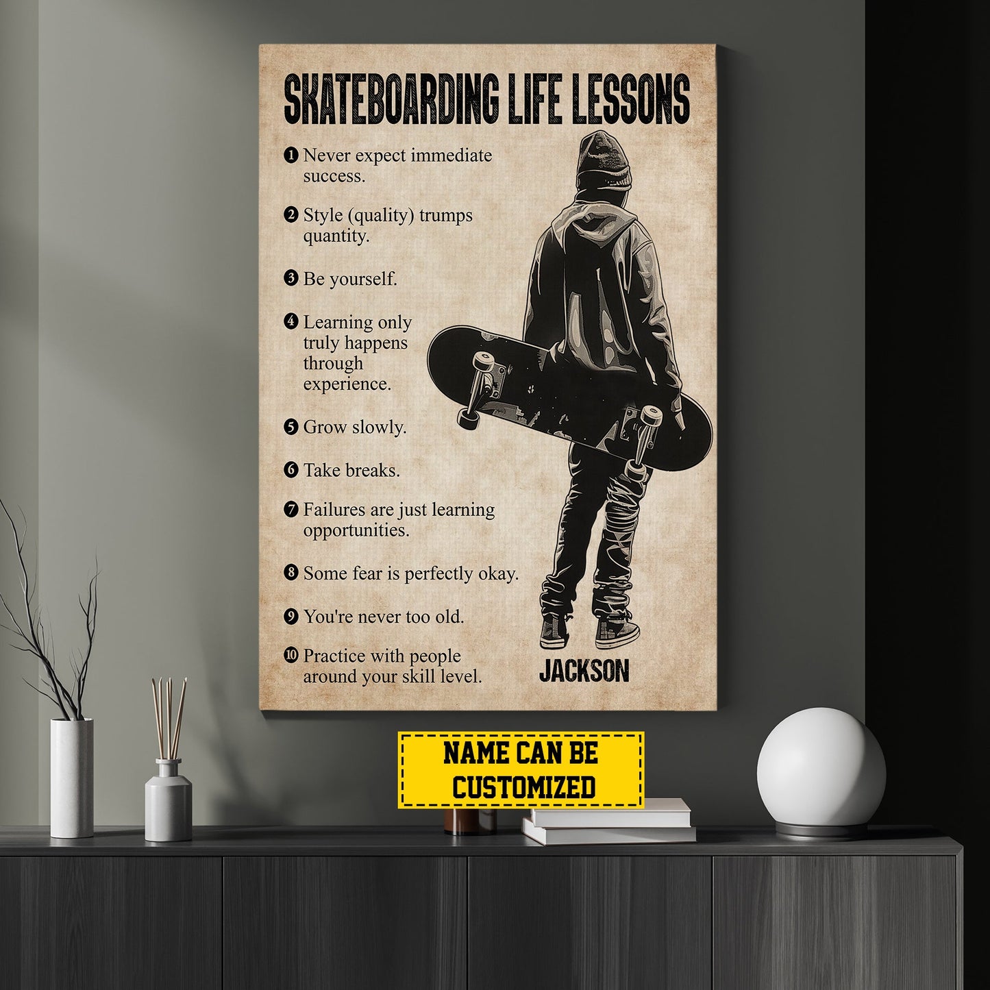 Personalized Motivational Skateboarding Boy Canvas Painting, Skateboarding Life Lessons, Inspirational Quotes Wall Art Decor, Poster Gift For Skateboarding Man Lovers