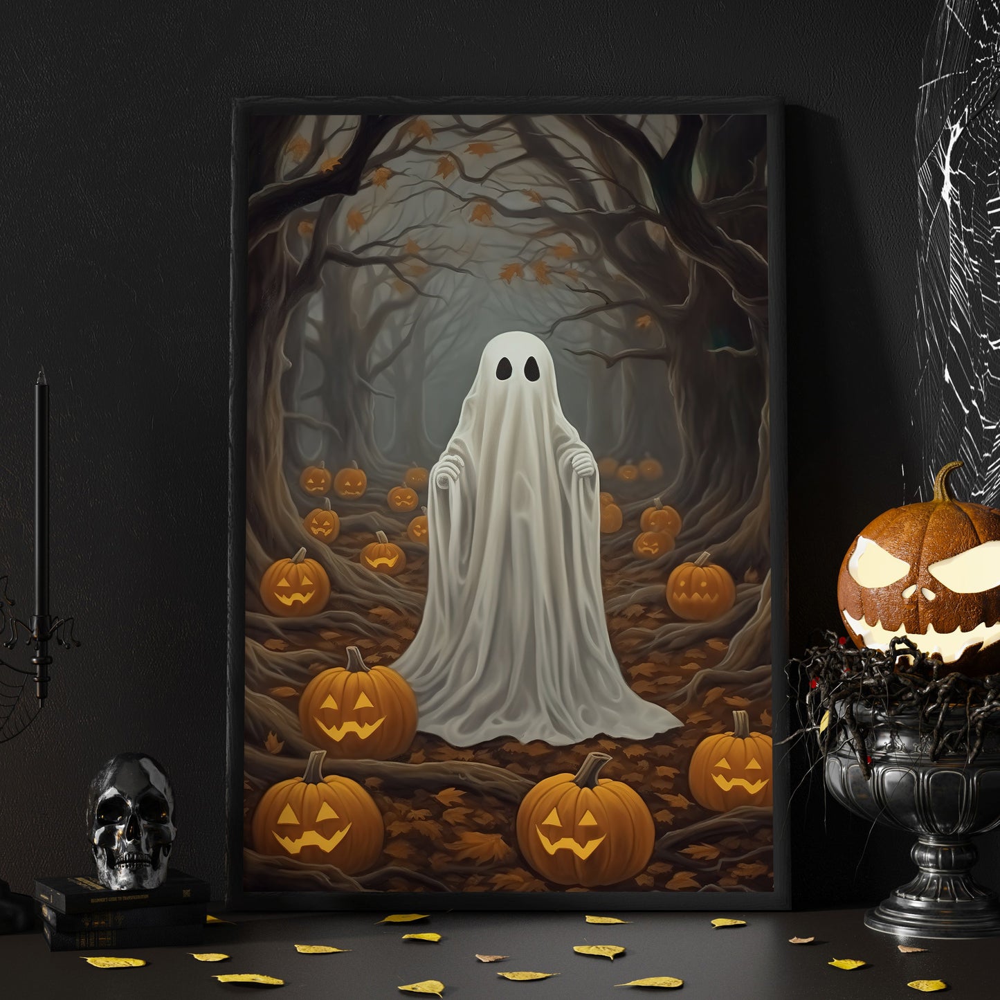 Baby Ghost In Dark Forest Vintage Halloween Canvas Painting, Wall Art Decor - Dark Gothic Ghost Halloween Poster Gift