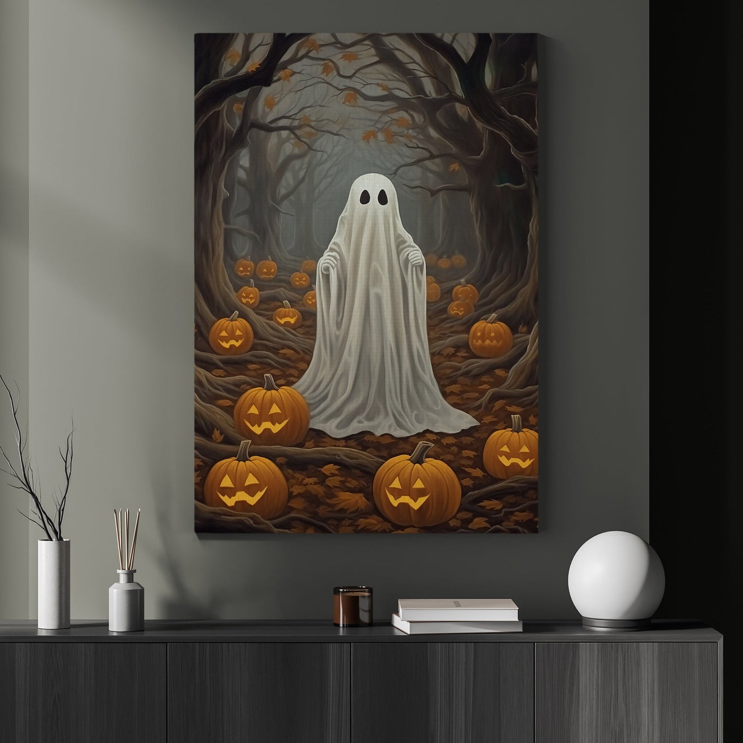 Baby Ghost In Dark Forest Vintage Halloween Canvas Painting, Wall Art Decor - Dark Gothic Ghost Halloween Poster Gift